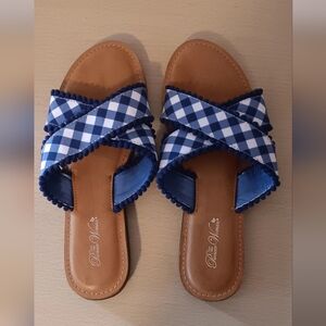 The Pioneer Woman Crossband Pom-Pom slide BBlue and white Size 10